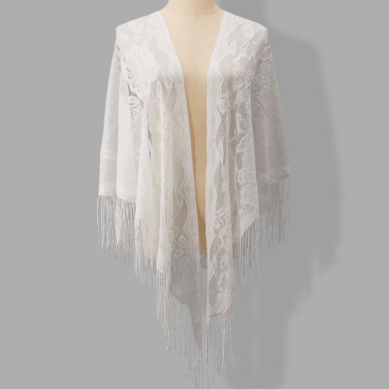 Shawl Wrap Winter - Bruidssjaal met kwastjes, driehoekig, met bloemenkant,